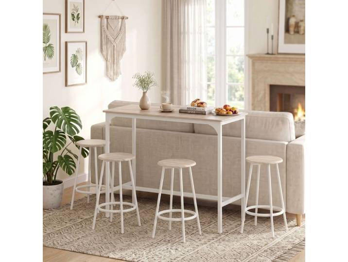 Set table haute et tabourets - ZEVKOR - Set 5 pièces - Chêne et blanc - Métal & bois d'ingénierie - 110x50x89 5 cm