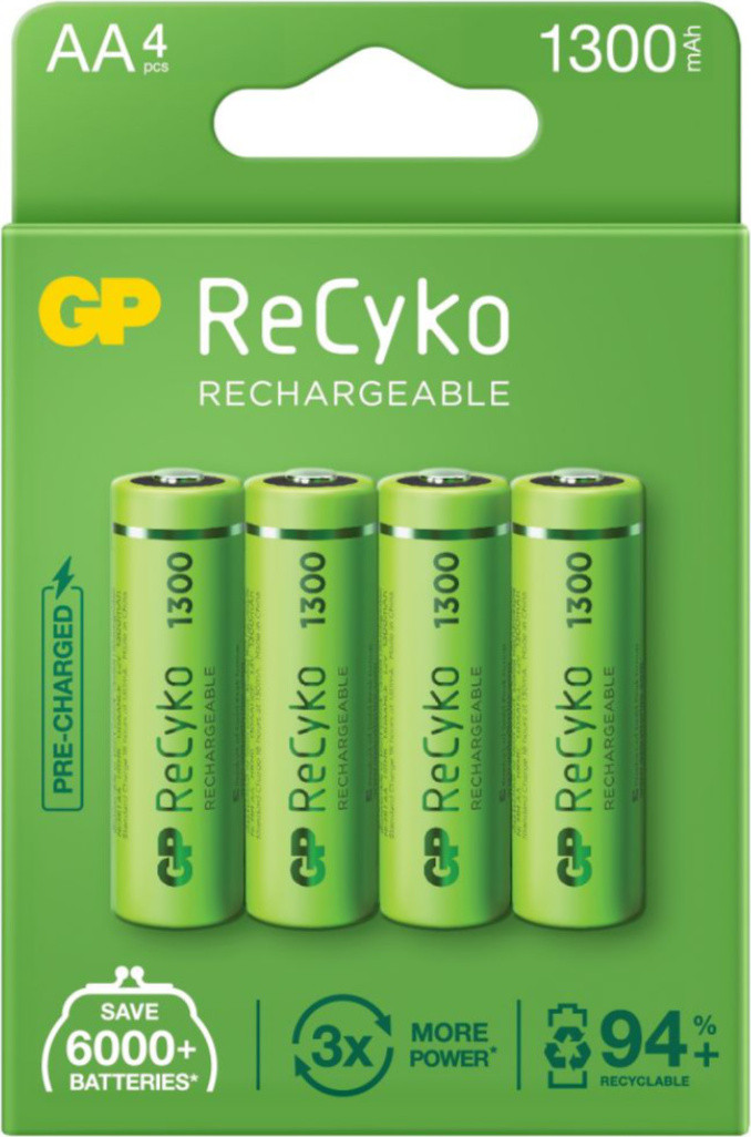 GP Batteries ReCyko 1300 serie oplaadbare batterijen AA/R6, Ni-MH, 1300mAh, 4 stuks