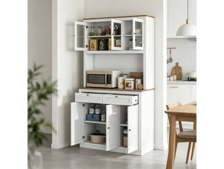 Buffet Haut Cuisine-Armoire de Cuisine 6 Portes-Vaisselier-3 Portes en Verre-2 Tiroirs-Plan de Travail-Étagères Réglables-Blanc