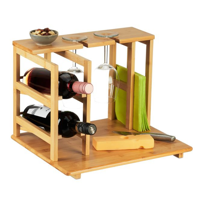 Relaxdays Kaasplank van bamboe met wijnhouder en servethouder, Bruin, H x B x D: 26,5 x 40,5 x 33 cm