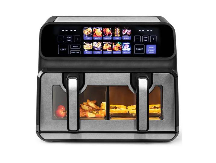 PHILODECO Heißluftfritteuse mit 2 Kammern, Airfryer 9L mit 10 voreingestellten Programmen, 50℃ -200℃, Zeitschaltuhr (1-60min), Sichtfenster, unabhängiger Temperaturregelung, 2200W, 2200 W, Doppelkorb Unabhängige Temperatur‑ und Zeitsteuerung Sichtfenster