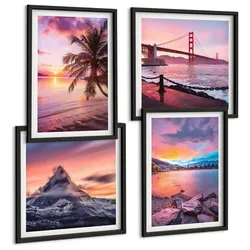 BILDER SET 4er Set - 50x50 cm & 40x60 cm Schwarzer Rahmen - Sonnenuntergangsbrücke Landschaft