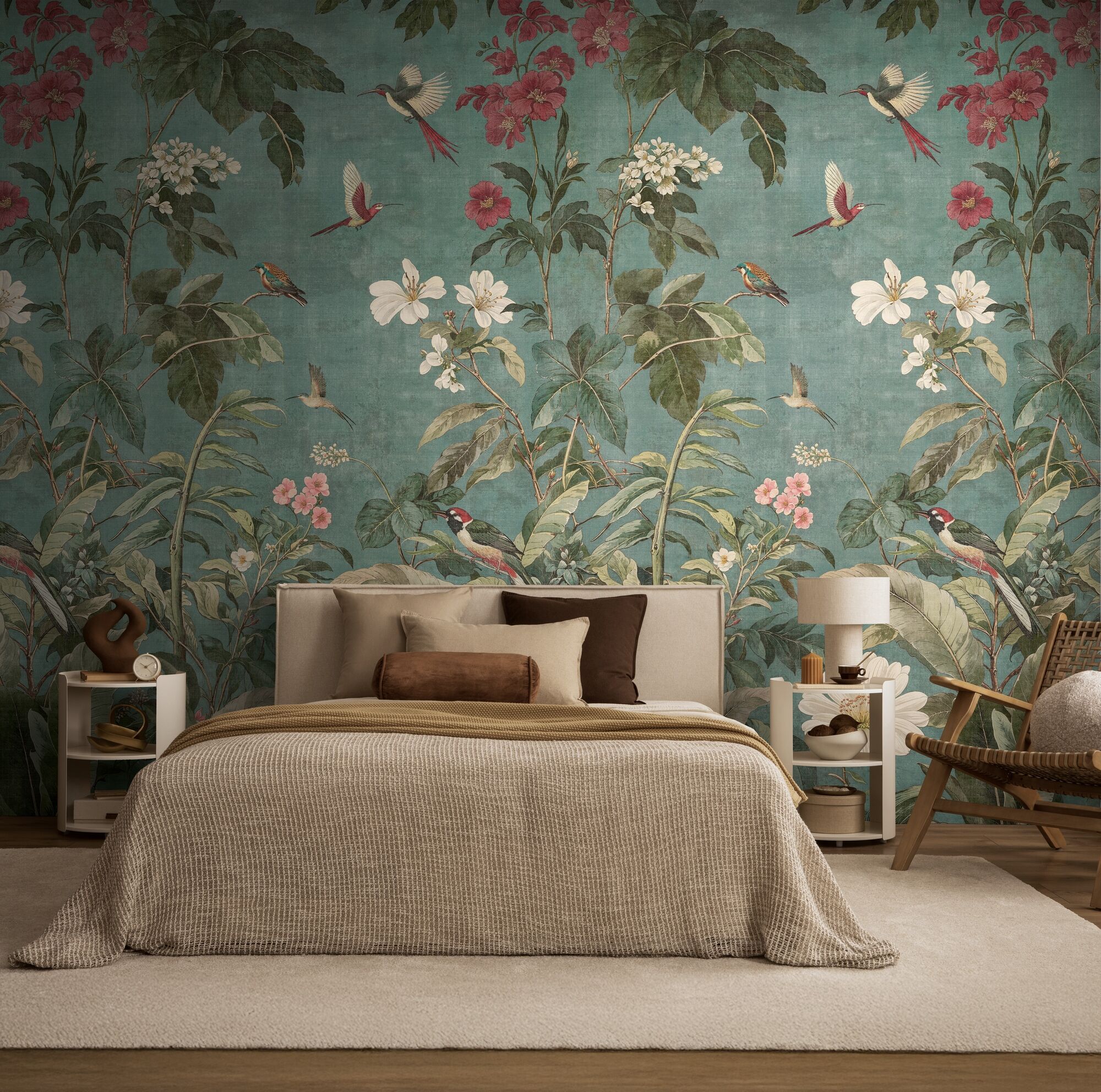 Fototapete LIVING WALLS "The Wall 4 Flowers – Vögel zwischen Pflanzen Vlies-Fototapete", bunt (blau), B:1,59m H:0m L:2,8m, Vinyl, Vlies, Tapeten, Vögel zwischen Pflanzen mit natürlicher Tiefenwirkung