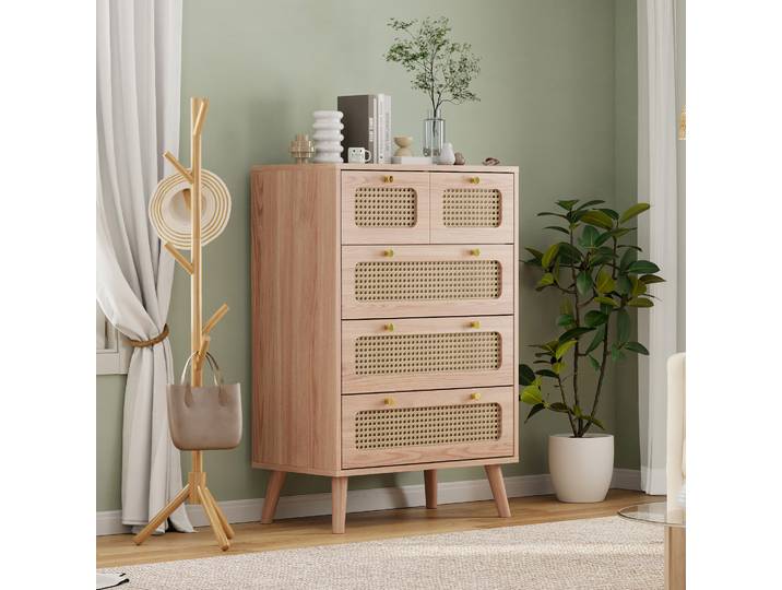 Commode 5 tiroirs en bois naturel avec façades en rotin tressé\, cadre en bois massif