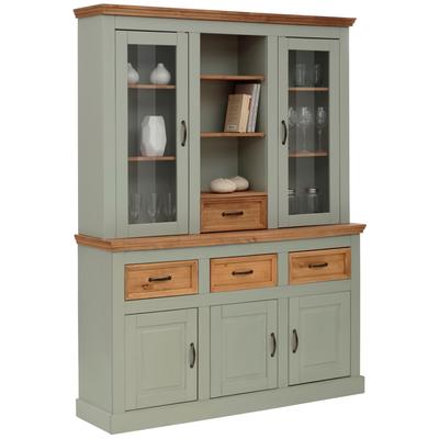 Buffet OTTO HOME "Selma", grün (salbei grün, gebeizt, gewachst), B:145cm H:192cm T:38cm, Glas, MDF, Massivholz, Schränke, Buffet, aus massivem Kiefernholz, mit Griffen aus antikisiertem Metall, Topseller