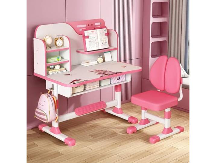 Calager Set aus Tischen und Stühlen für Kinder, Schreibtisch, Studienstuhl, höhenverstellbar, Astronauten-Motiv, erweiterte Halterung, große Schublade, Aufbewahrung, Möbel, Kinderzimmer (Rosa)