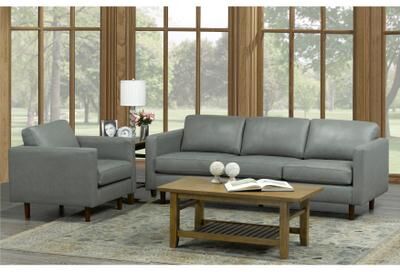 Booker Mid Century Modern Grey Top Grain Italian Leather Tufted Sofa and Chair