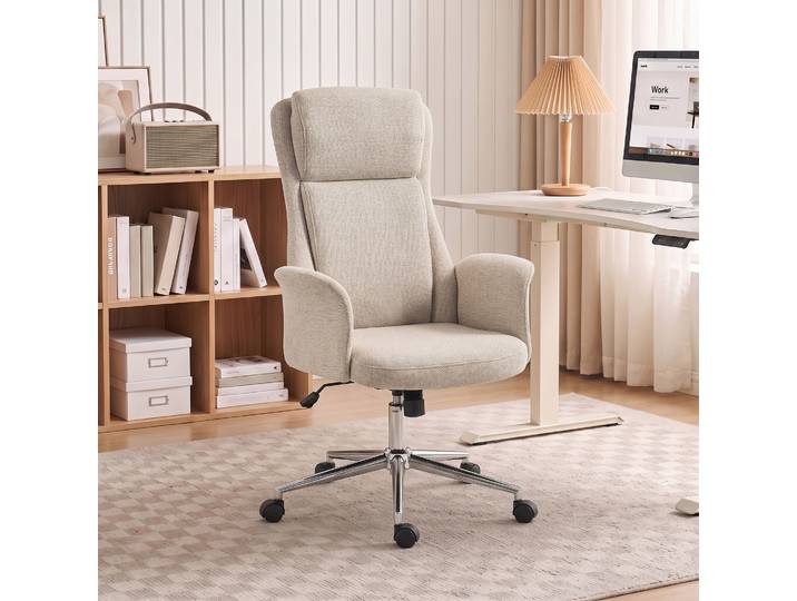 HOMCOM Chaise Pivotante Bureau Dossier Haut Chenille Beige