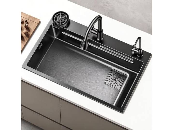Multifunktionale schwarze Nano-Küchenspüle Multifunktionale Küchenspüle mit Abtropfgestell und Wasserhahn mit Wasserfilter(80/45cm/31.5/17.7in)