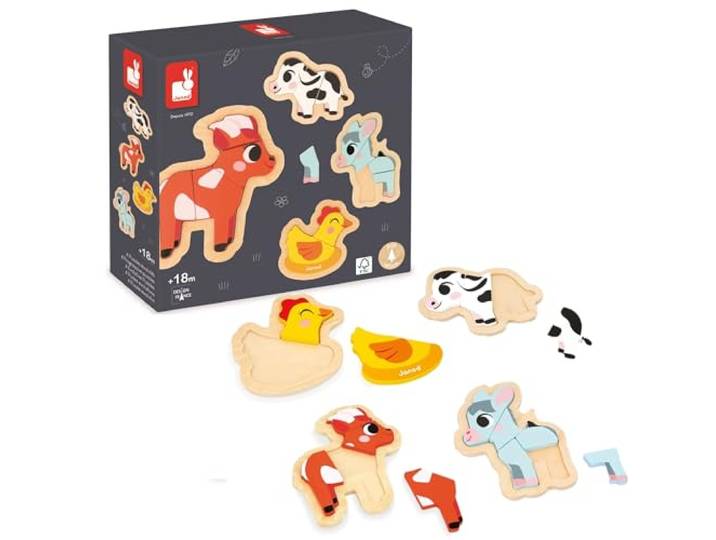 Janod 4 hout van 2 tot 5 stuks-puzzel boerderijdieren - kinderspeelgoed-pedagogisch-multisensorisch-vanaf 18 maanden, J07114, meerkleurig, klein