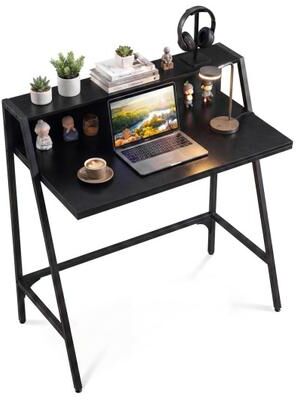 "Costway 31.5"" Industrial Desk with Raised Shelf Metal Frame-Black"