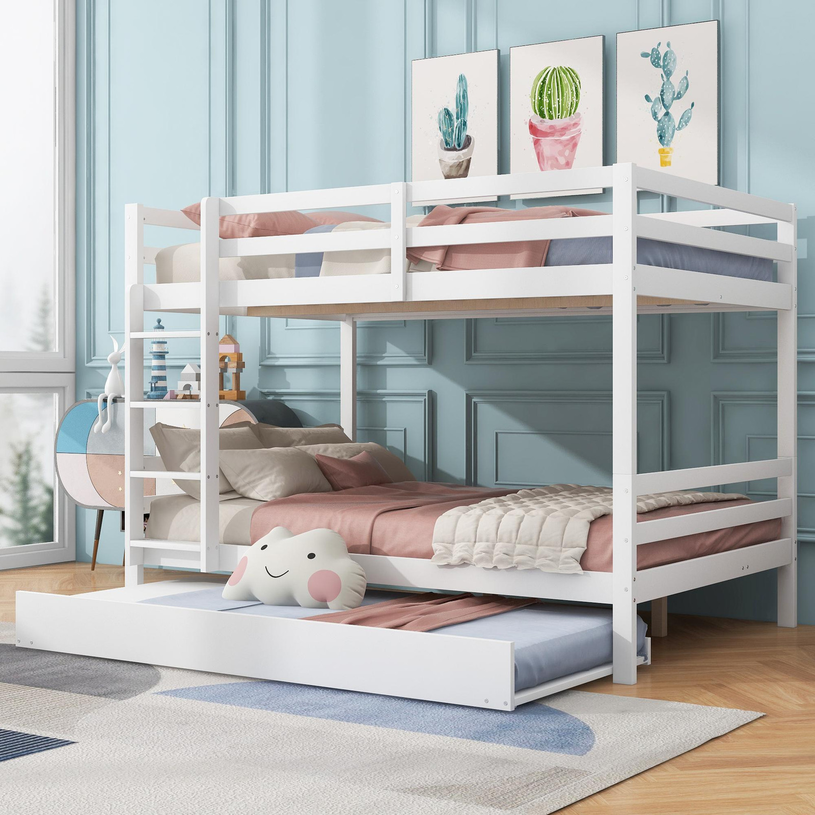 Merax stapelbed met uitschuifbaar bed en trap, massief houten kinderbed in wit