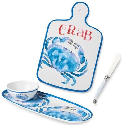 Certified International Beach House Crab Cheese Plate & Oval Tray Set - with Dip Bowl & Cheese Knife
