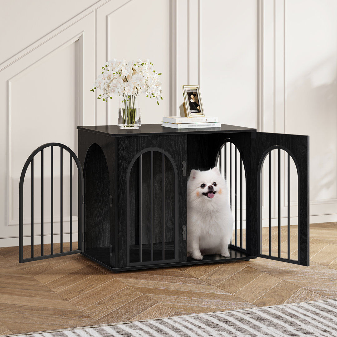 Ebern Designs Dog Crate Furniture, 68 cm Wooden Dog Crate, Indoor Kennel for Small Dogs, End Side Table Animal Crates, Anti-Chew, Anti-Escape, Arched Door Design Black