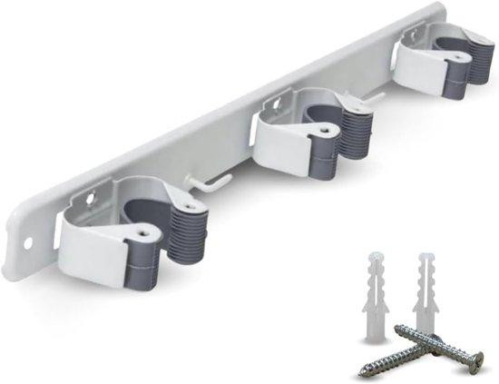 Unyqoos Wandhouder voor bezems en accessoires met 3 houders en 2 haken, wit, 37 cm