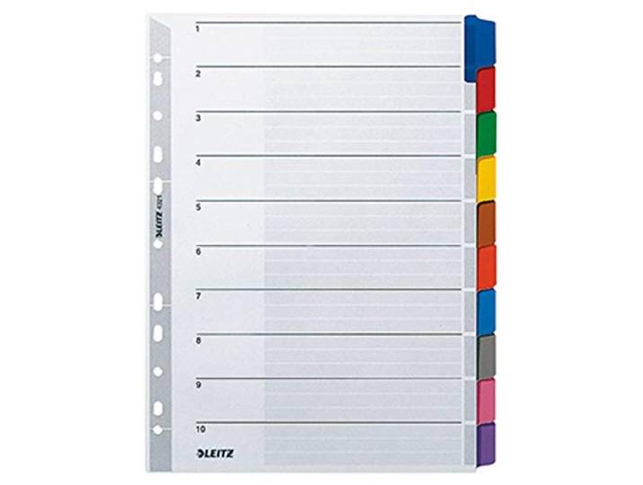 Leitz Ordnerregister blanco, 1-10, karton, voor A4, met voorblad, 10 scheidingsbladen, versterkte gatrand en kleurrijke tabs, 43210000