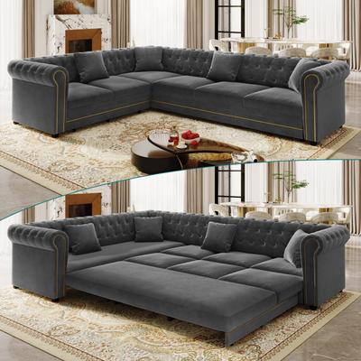 Loedds 115.3-Inch Chesterfield Velvet L-Shaped Pull-Out Sofa Bed with Rolled Arms