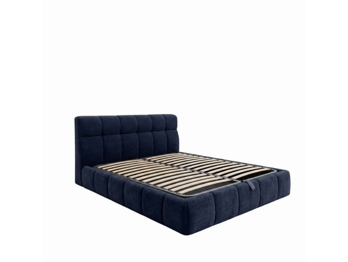 Lit coffre tête de lit chenille bleu nuit 200x200 cm