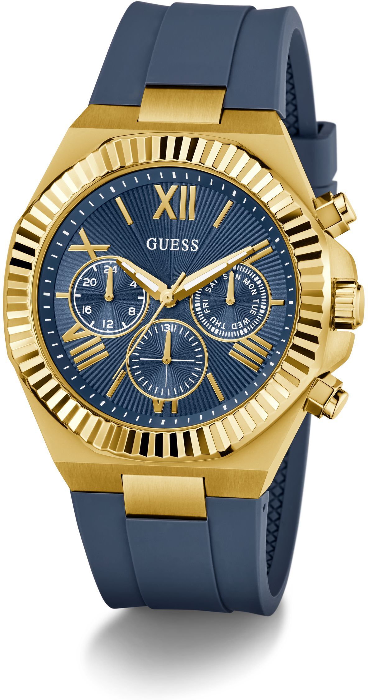 Multifunktionsuhr GUESS "EQUITY", blau (blau, goldfarben, blau), Armbanduhren, Herren, goldfarben, Multifunktionsuhr, Quarzuhr, Armbanduhr, Herrenuhr, Silikonarmband, analog, Wochentag