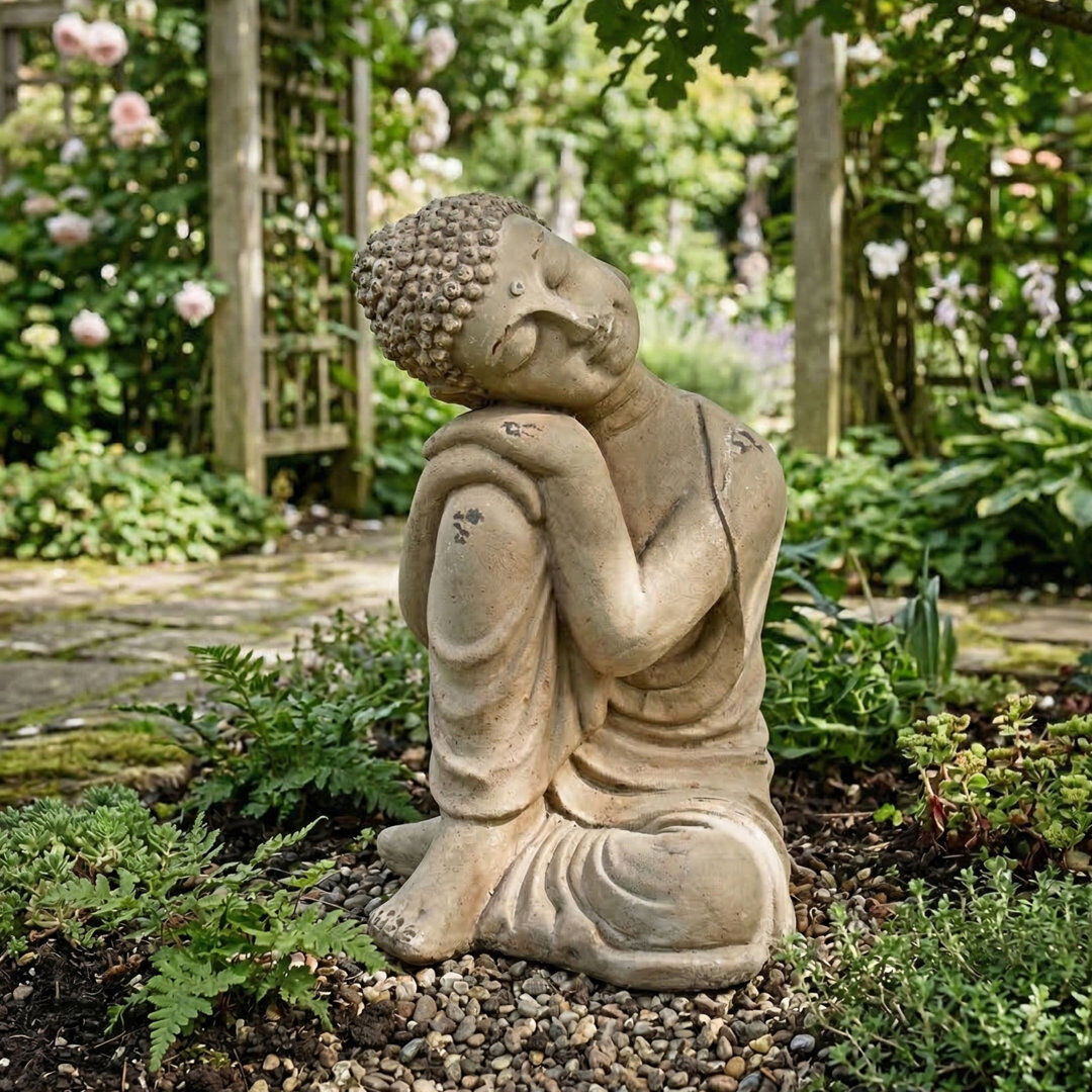 Bloomsbury Market Carlile BUDDHA Crouching 37cm Weathered Dark Stone Effect Brown 37cm H X 27cm W X 28cm D