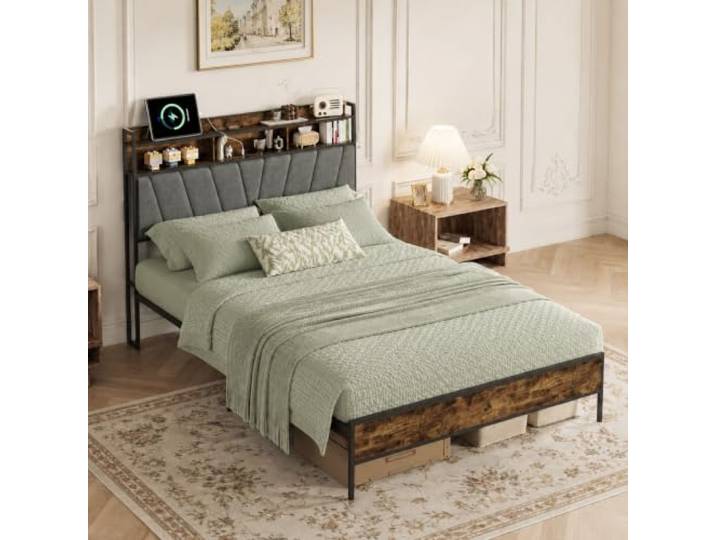 JOROBURO Polsterbett 140x200cm mit Kopfteil, Metall Doppelbett mit Stauraum Gepolstertes Kopfteil, stabile Konstruktion, praktische Ablage und zusätzlicher Platz unter dem Bett