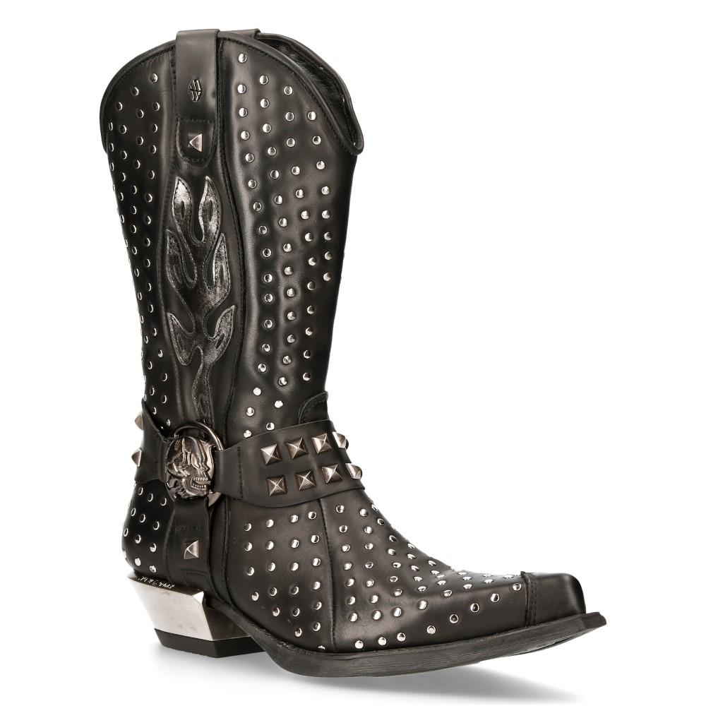 New Rock Cowboystiefel aus schwarzem Leder mit Nieten – M-7928-S1