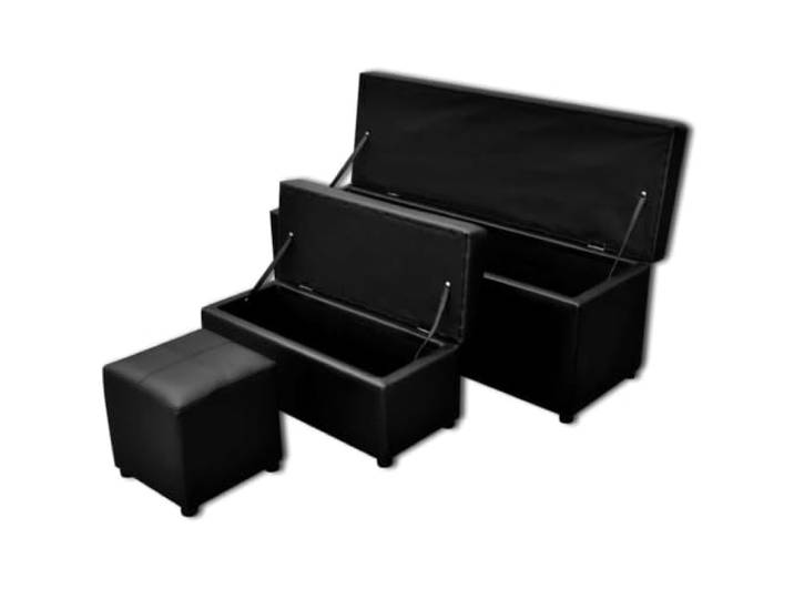 Aufbewahrungsbank Set 3-teilig Kunstleder Schwarz mit Ottoman und Fußstütze Stauraum unter Sitzfläche, Holzrahmen, pflegeleichtes Kunstleder, platzsparendes Verstauen, modernes Design
