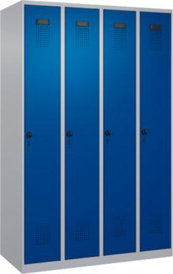 Kleiderspind C+P Evolo Plus, 4 Abteile, Anschlag rechts, Sicherheits-Drehriegel, B 1200 x T 500 x H 1850 mm, weißaluminium/enzianblau
