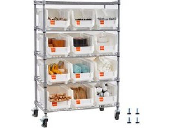 VEVOR Standregal, Lagerregal mit 5 Ebenen & 12 Stapelboxen, Regalsystem mit Rollen, mobile Werkzeugaufbewahrung für Garage, Lager, Büro, Restaurant, Klassenzimmer, Küche