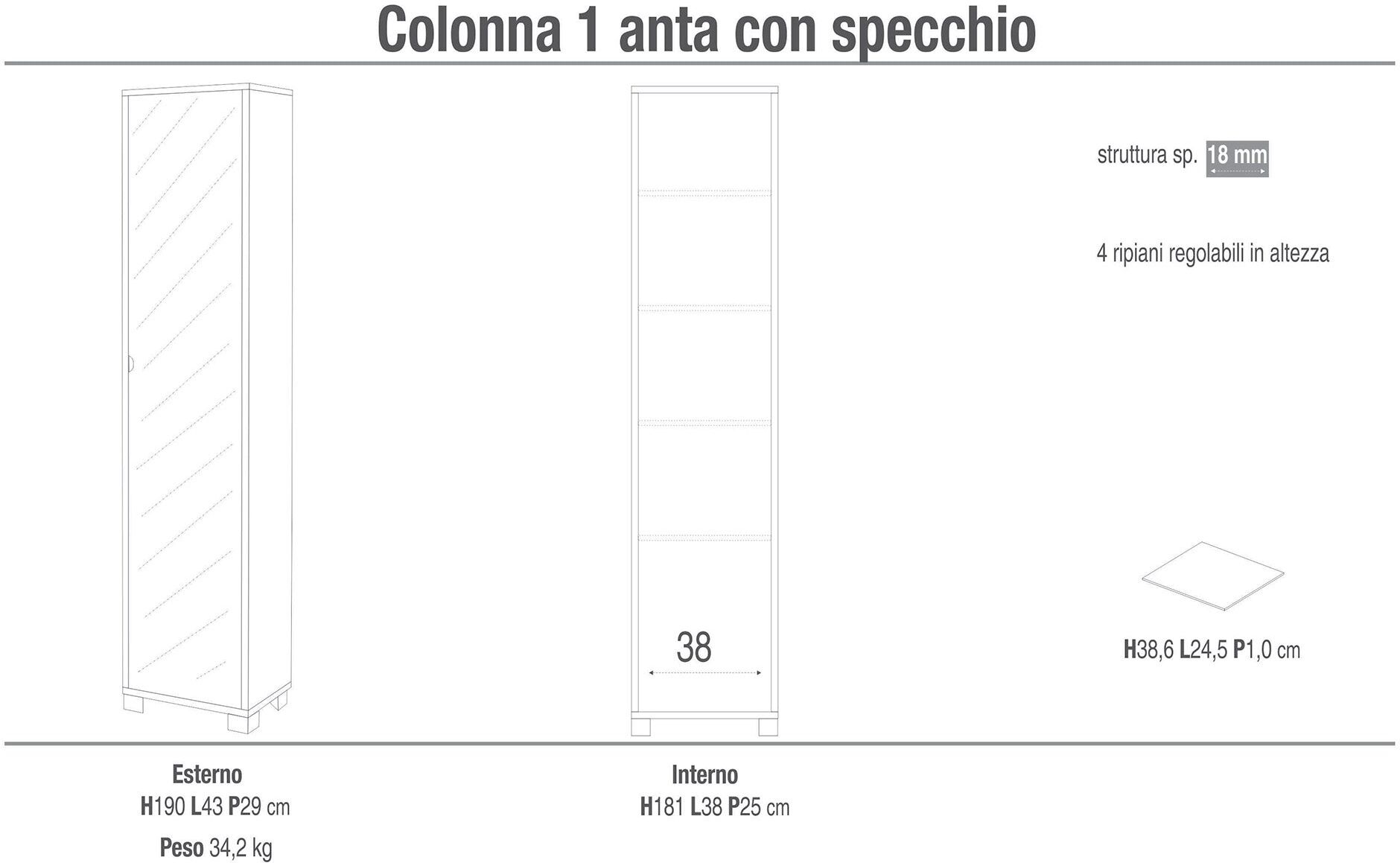 giordanoshop Armadio 1 Anta con Specchio 43x190x29 cm Bianco Fiammato...