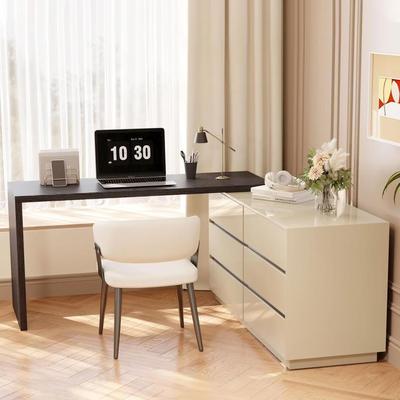The Right Path 114.56 Inch Modern Beige Black Vanity Desk With 6 Drawers