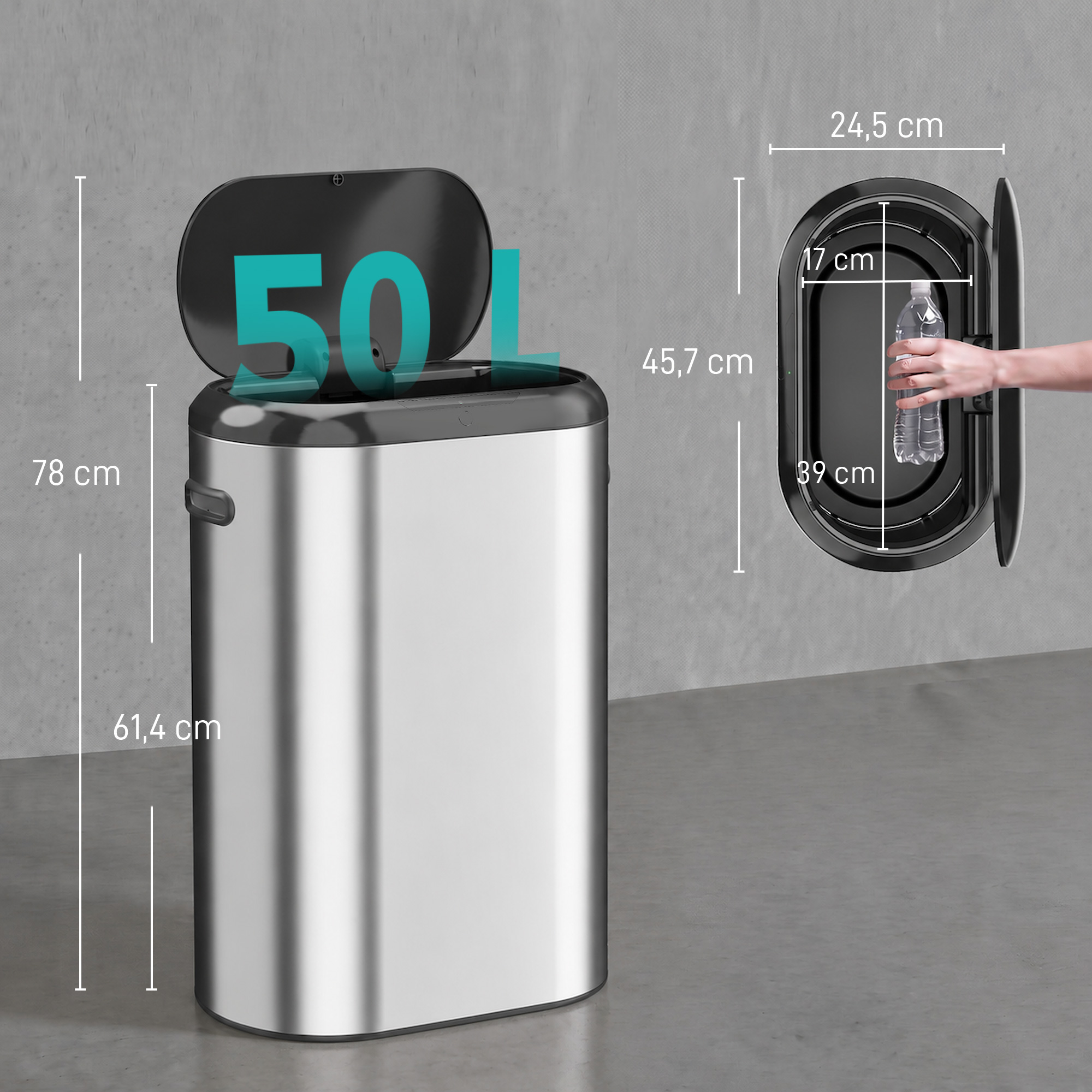 Homcom Pattumiera Automatica con Sensore a Infrarossi 50 L in Acciaio Inox Anti-Impronta, Chiusura Ammortizzata, Argento   Aosom Italy