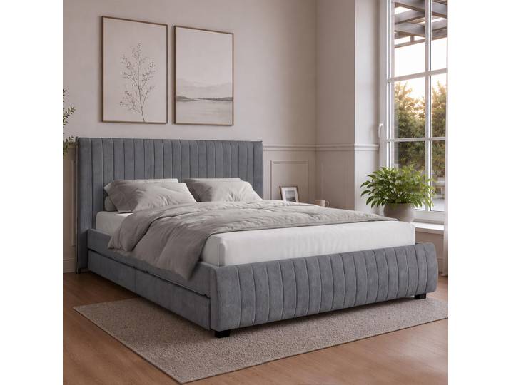 Beautysofa Polsterbett 160x200 cm CALMA Doppelbett mit 2 Schubladen, Matratze H3/H2 & Lattenrost, Graphit Raven Chenille-Stoff, Chromdetails
