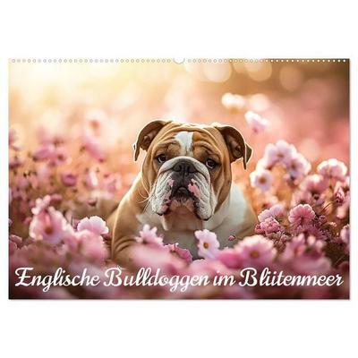 Englische Bulldoggen im Blütenmeer (Wandkalender 2027 DIN A2 quer), CALVENDO Monatskalender