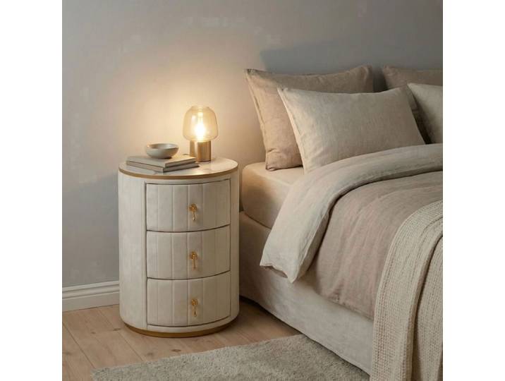 Table de chevet 3 tiroirs- Chevet velours avec rangement - Table de nuit design ronde plateau effet marbre - 40x40x52.5 cm - Blanc