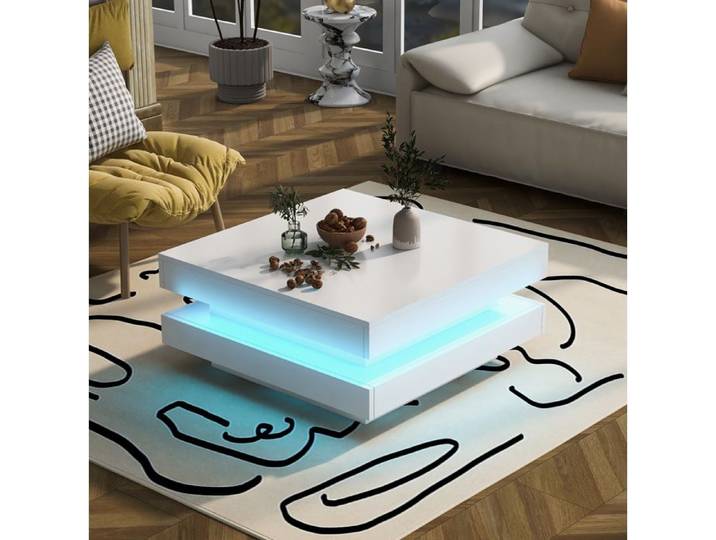 WUVRIE Table basse carrée 70 x 70 x 36 cm blanche LED Bluetooth panneaux de particules
