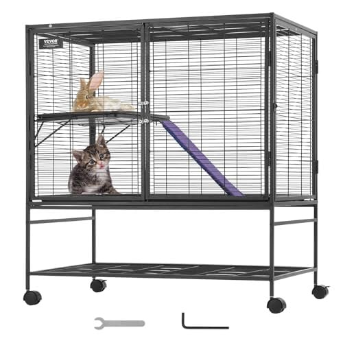 VEVOR Rollende metalen frettenkooi met 2 verdiepingen, grote kooi voor kleine dieren met hellingen en lade, zwart