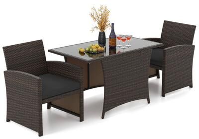 Costway 3 Piece Patio Wicker Dining Set with Rectangle Tempered Glass Dining Table-Brown