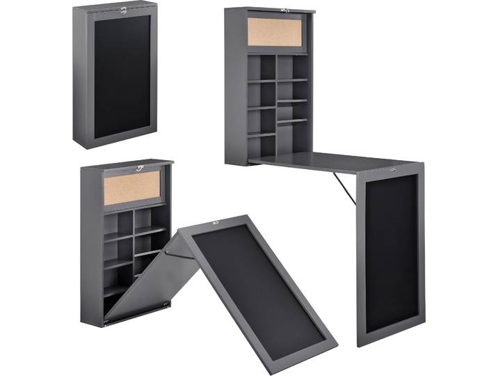[en.casa] Klappschreibtisch Schreibtisch zum Ausklappen Wandklapptisch mit Tafel und Pinnwand Dunkelgrau