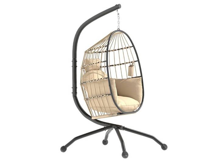 Fauteuil oeuf suspendu intérieur et extérieur panier pliable coussin rembourré cadre en acier beige