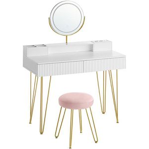 Vasagle Schminktisch RVT019W01, mit Beleuchtung, Spiegel, 2 Schubladen & Hocker, 100x135cm