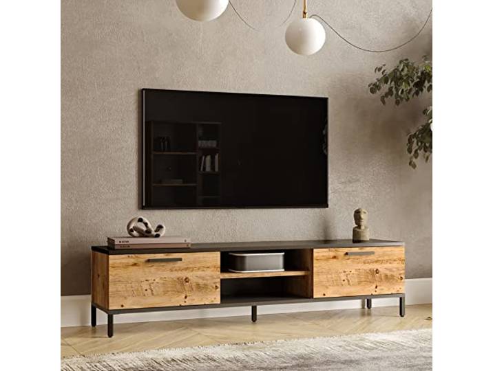 [en.casa] TV Board Lempäälä Lowboard 160 cm Fernsehtisch mit 2 Türen und 2 Ablagefächer Metallbeine Eiche rustikal/Anthrazit