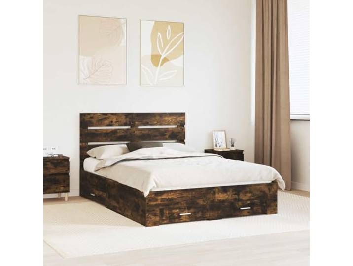 RJPLMFV Bettgestell, Raucheiche, 140 x 190 cm, Holz Mit Stauraumschubladen, integriertem Kopfteil, modernes Design, pflegeleichte Oberfläche
