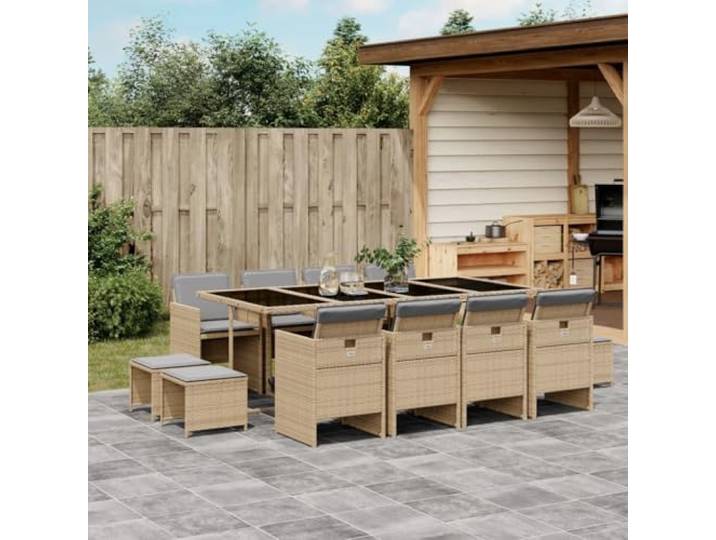 KTHLBRH Gartenmöbel-Set, 13-teilig, Polyrattan, Beige gemischt Klappstühle, waschbare Kissen, Glastisch 220 cm, für Terrasse