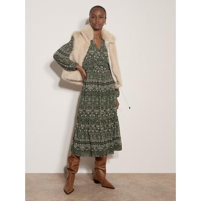 Midikleid APRICOT "Chiffonkleid mit Rüschen", Damen, Gr. 12, grün, gewebt, , Modisch, normal, V-Ausschnitt, Elastische Bündchen, Kleider Midikleid, mit Smokdetails