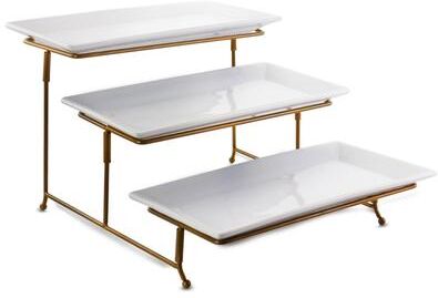 Gibson Porcelain Rectangle 3 Level Plate Set with Gold Holder