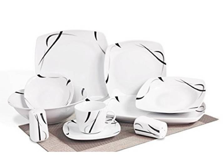 Topkapi TK-877 40-teiliges Porzellan Tafelservice Essservice Black Light Essteller, Dessertteller, Suppenteller, Müslischälchen, Schüssel, Beilagenplatte, Salz- & Pfeffer, Kaffeetassen + Untersetzer