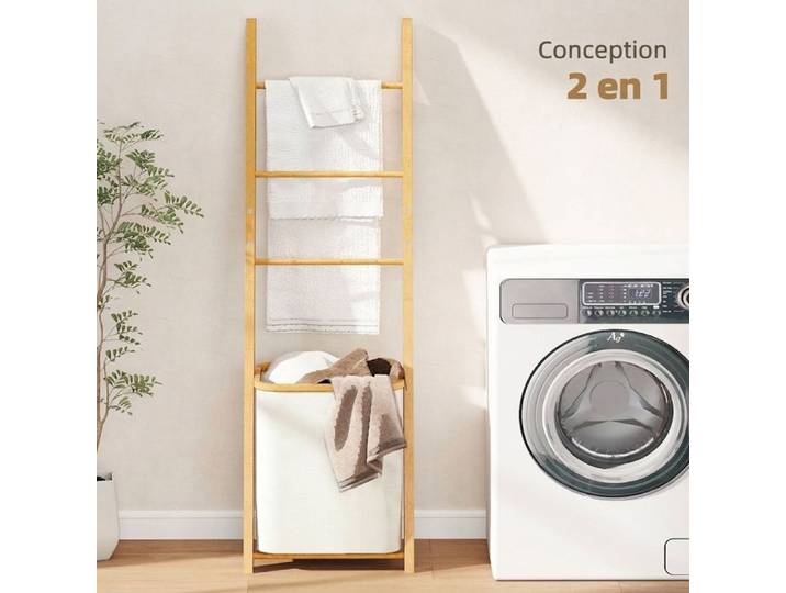 Zitty Étagère de salle de bain en bambou porte-serviettes sur pied 3 barres avec panier à linge amovible 48L 43x35x133 cm Crème