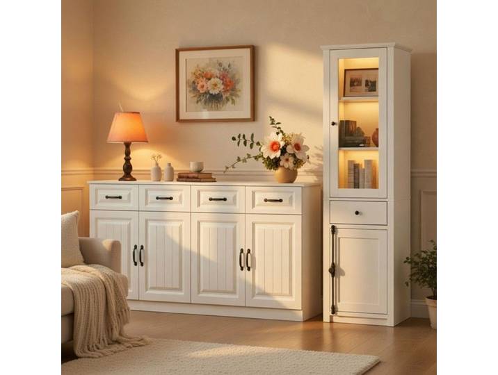 CollaHausse Combinaison Armoire Rangement + Vitrine Salon Meuble d'Appoint MDF Blanc