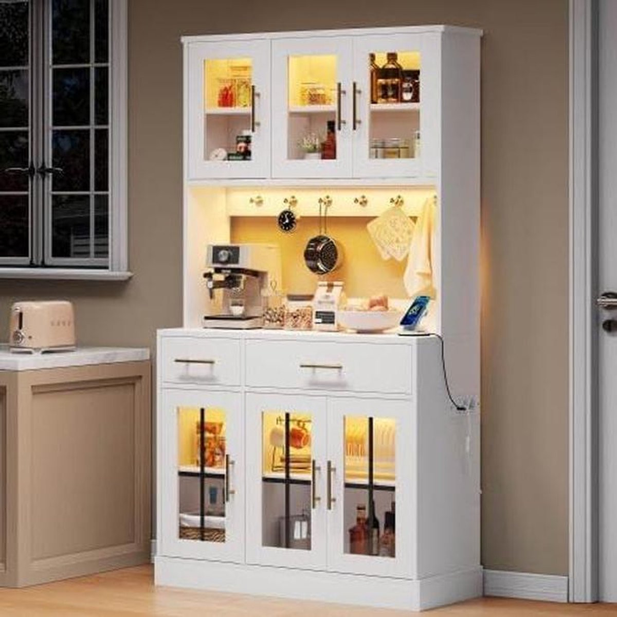 Wit Keukenkast Highboard Buffetkast Dressoir met LED Werkblad en Glazen Deuren B/D/H: 180 x 100 cm
